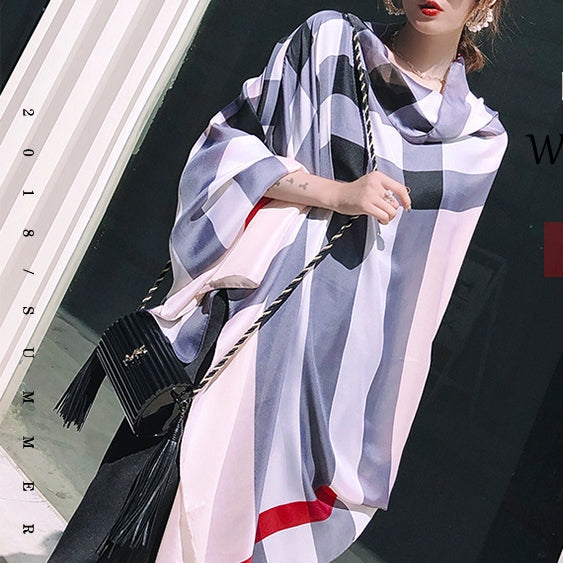 Plaid Silk Scarf Silky Shawl Wrap for Women Ladies Girls 90x180