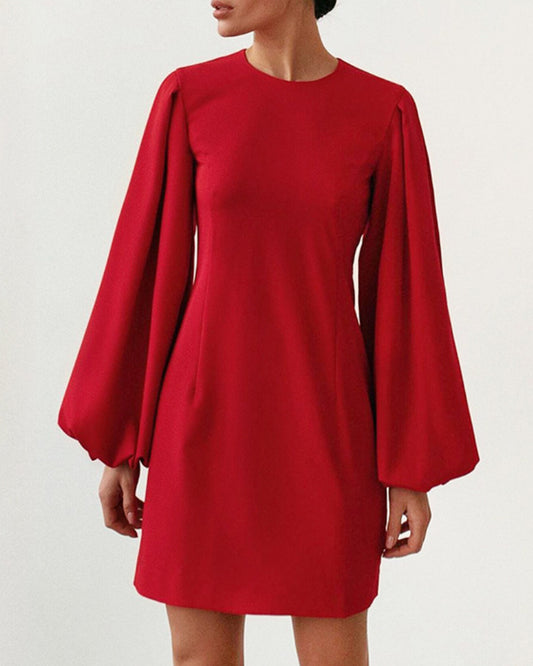 Party Zipper Lantern Sleeve Round Neck Bodycon Mini Dresses