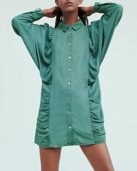 Puff Sleeve Shirred Frill Single-breasted Mini Dress
