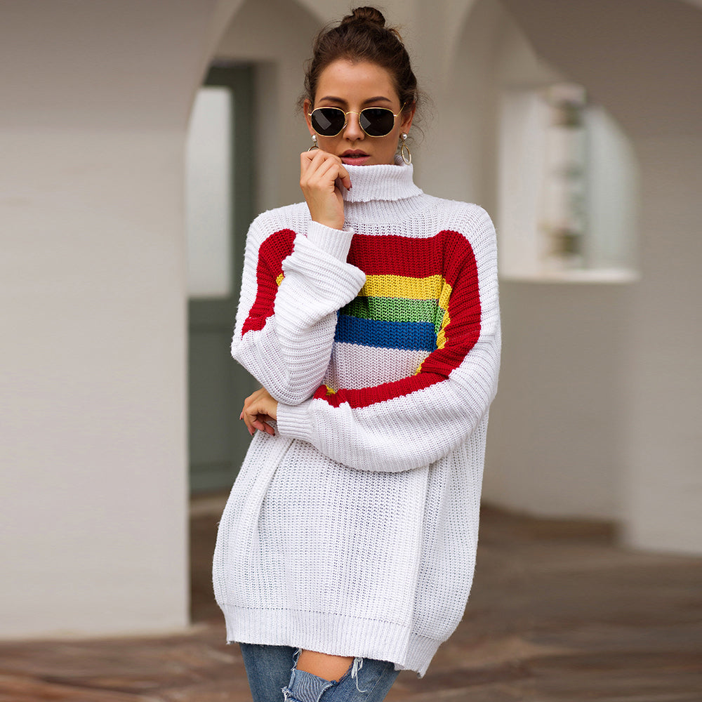 Women‘s High Collar Rainbow Stripes Knit Long Sweater