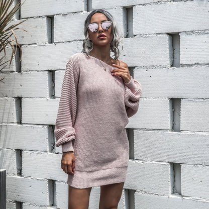 One Shoulder Lantern Sleeve Knit Sweater Mini Dresses
