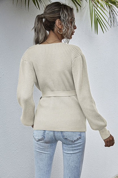 Lantern Sleeve Bow Tie V-neck Knit Sweaters Cardigans