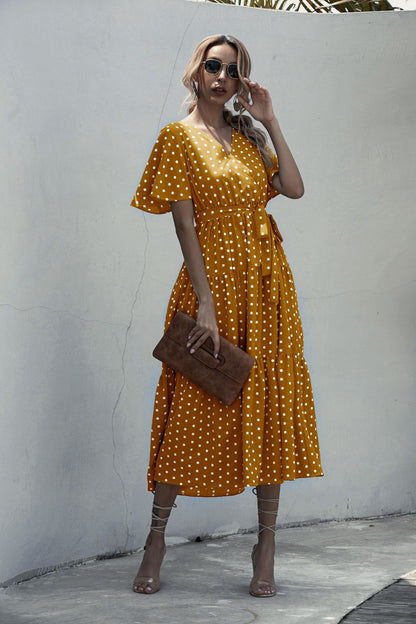 V-neck Belt Polka Dot Floral Maxi Dresses