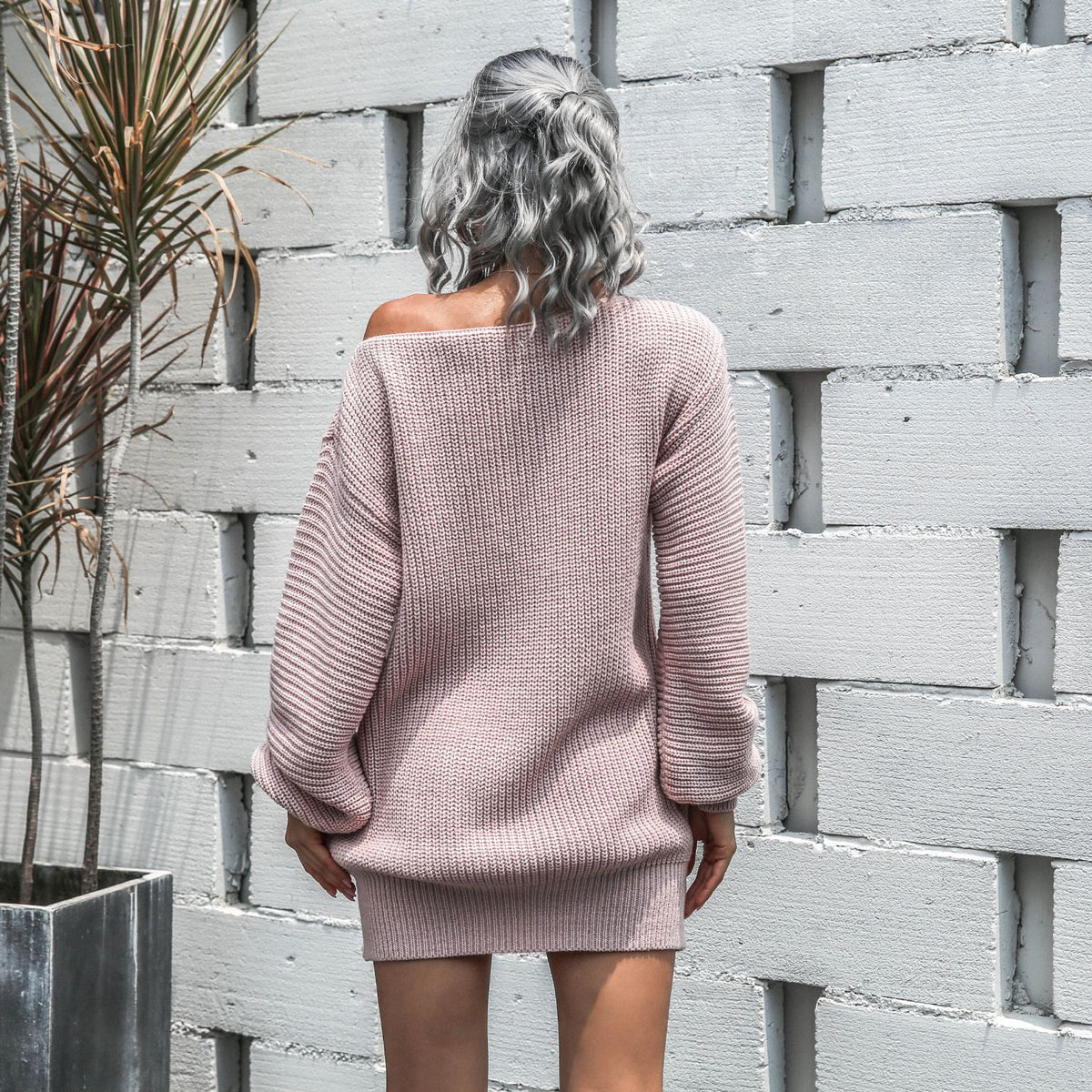 One Shoulder Lantern Sleeve Knit Sweater Mini Dresses