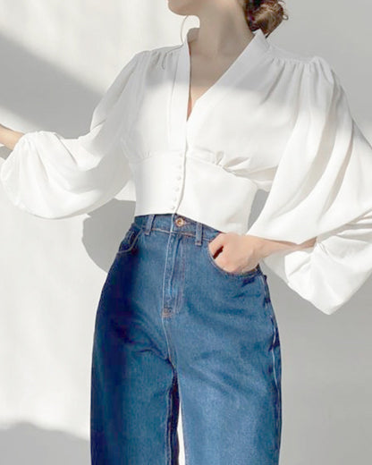 Elegant V-neck Lantern Sleeve Button Shirts Red