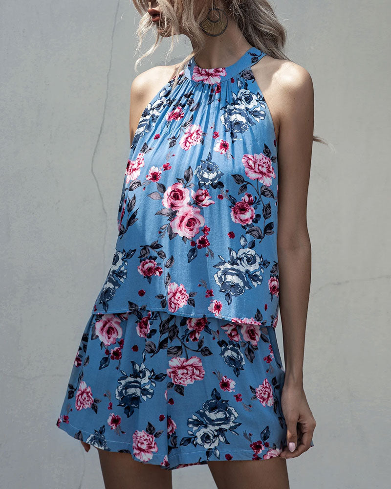 Printed Lace-up Fake Two-piece Jumpsuit Floral Rompers
