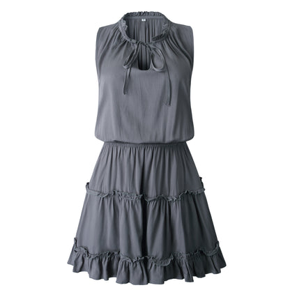 V-neck Lace-up Pleated Elastic Waist Mini Dress