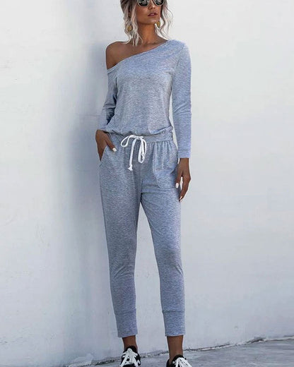 Diagonal Shoulder Lace-up Long Sleeve Casual Jumpsuit Rompers