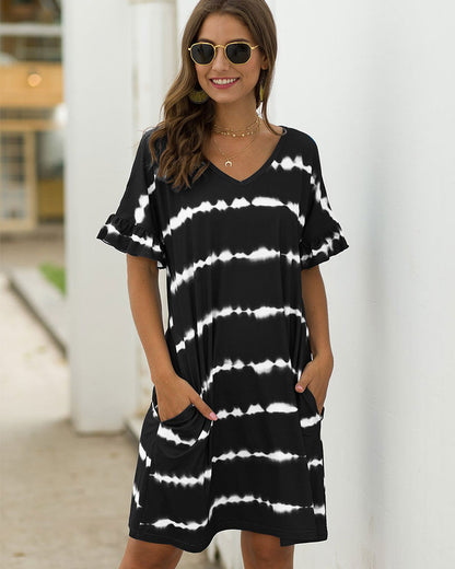 Pocket Striped Mini Dresses Lotus Sleeve