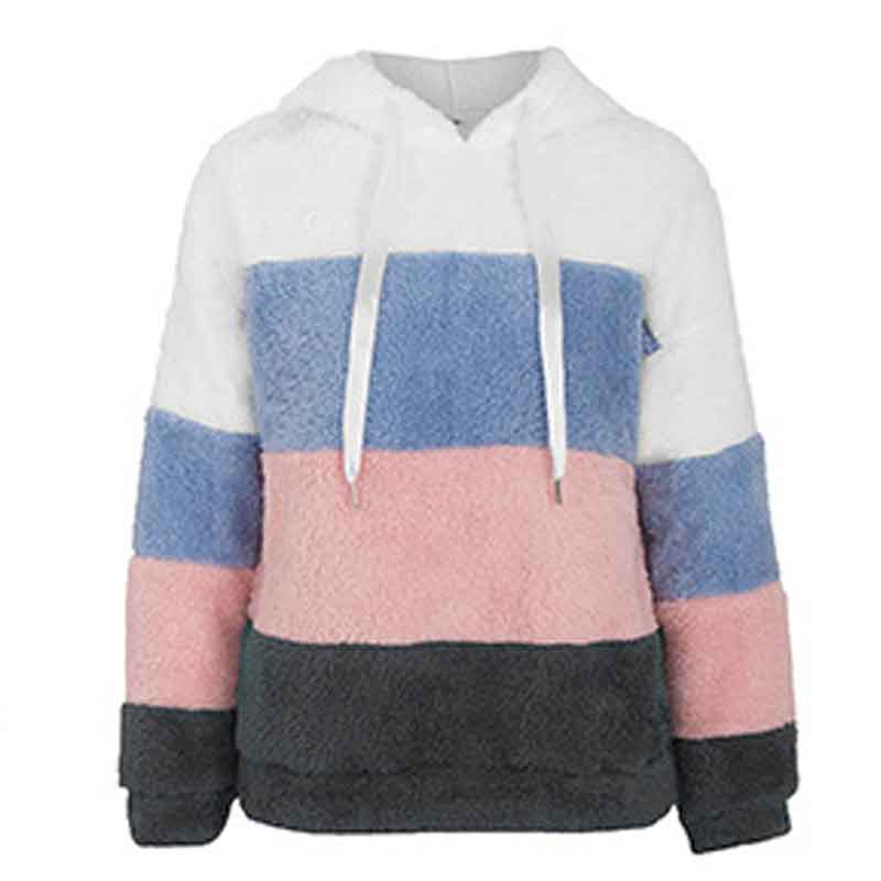 Women Contrast Color Hooded Plush Sweatshirt