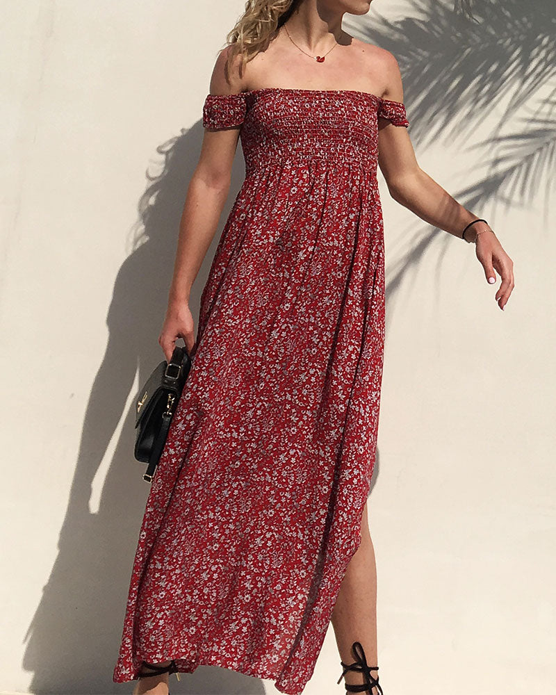 Off The Shoulder Split Leg Side Floral Maxi Dresses