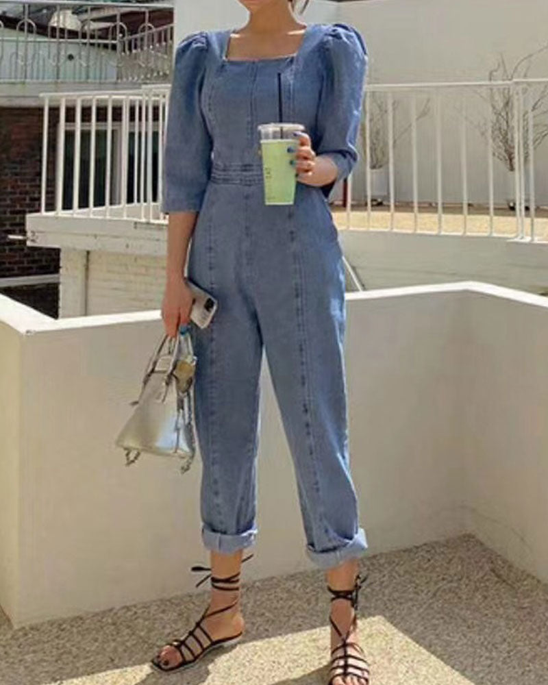 Puff Sleeves Denim Jumpsuit Slim Waist Rompers