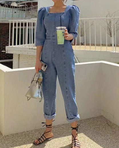 Puff Sleeves Denim Jumpsuit Slim Waist Rompers