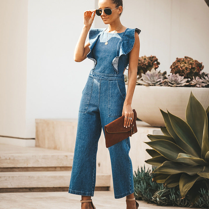 Lace-up Ruffled Denim Jumpsuit Backless Sleeveless Rompers