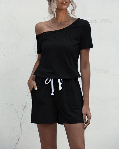 Diagonal Shoulder Short Sleeve Jumpsuit Rompers With Pocket