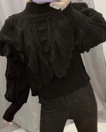 High Collar Ruffles Lantern Sleeves Knit Sweater