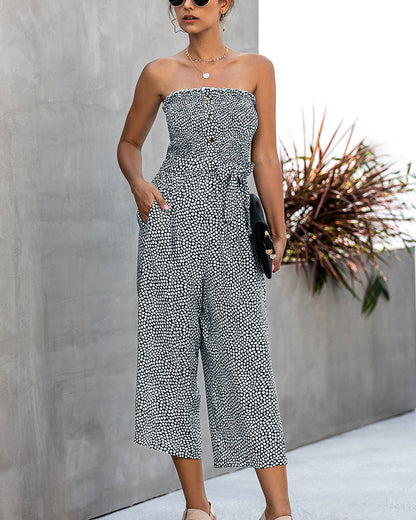 Off Shoulder Wrapped Chest Lace-up Print Jumpsuit With Pocket Backless Single-breasted Rompers