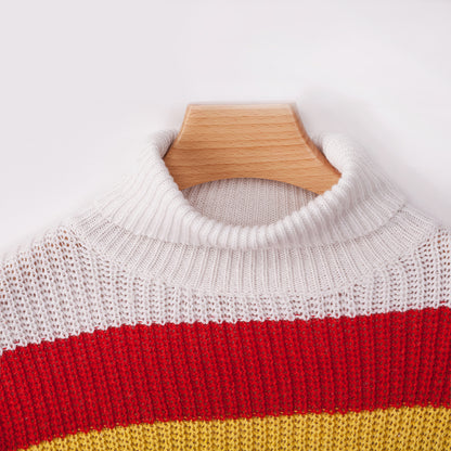 Women‘s High Collar Rainbow Stripes Knit Long Sweater