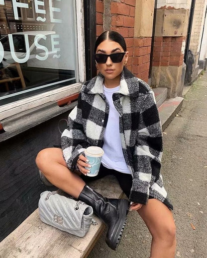 Black And White Grid Single-breasted Shirt Style Cardigan Coat
