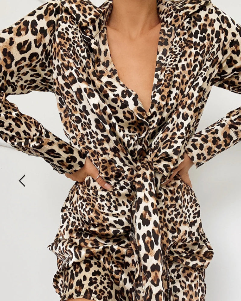 Lace-up Leopard Lapel Floral Mini Dresses