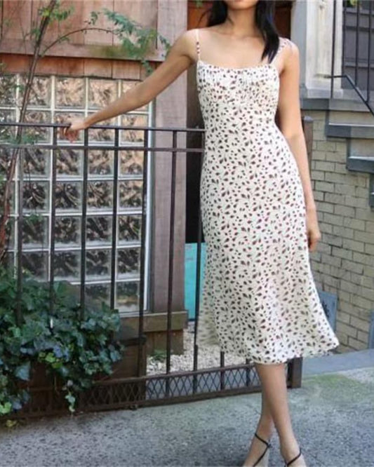 Backless Open Back Floral Printed Suspenders Midi Dress