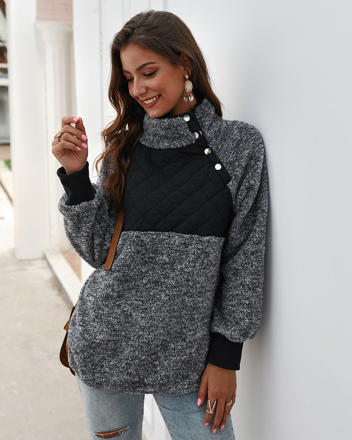 Women's High Collar Oblique Button Sweater Long Sleeve