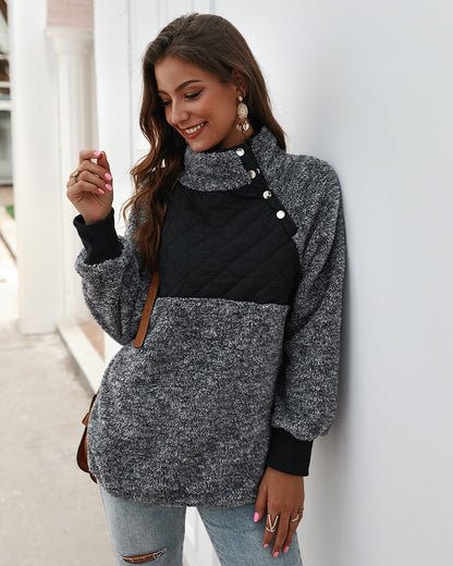 Women's High Collar Oblique Button Sweater Long Sleeve