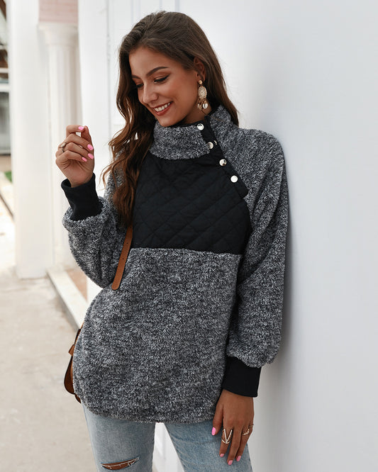 Women's High Collar Oblique Button Sweater Long Sleeve