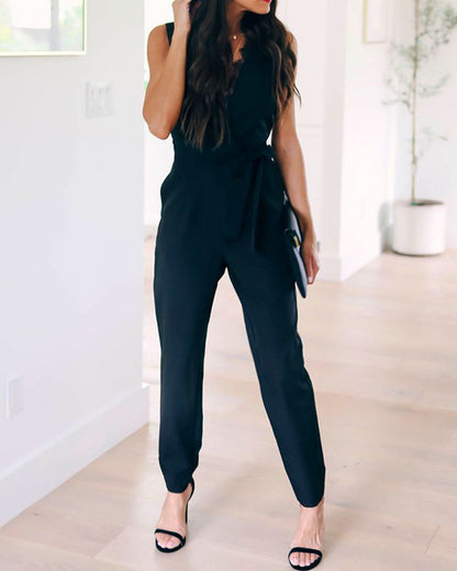 Black Sexy Deep V-neck Lace Pocket Straps Jumpsuit