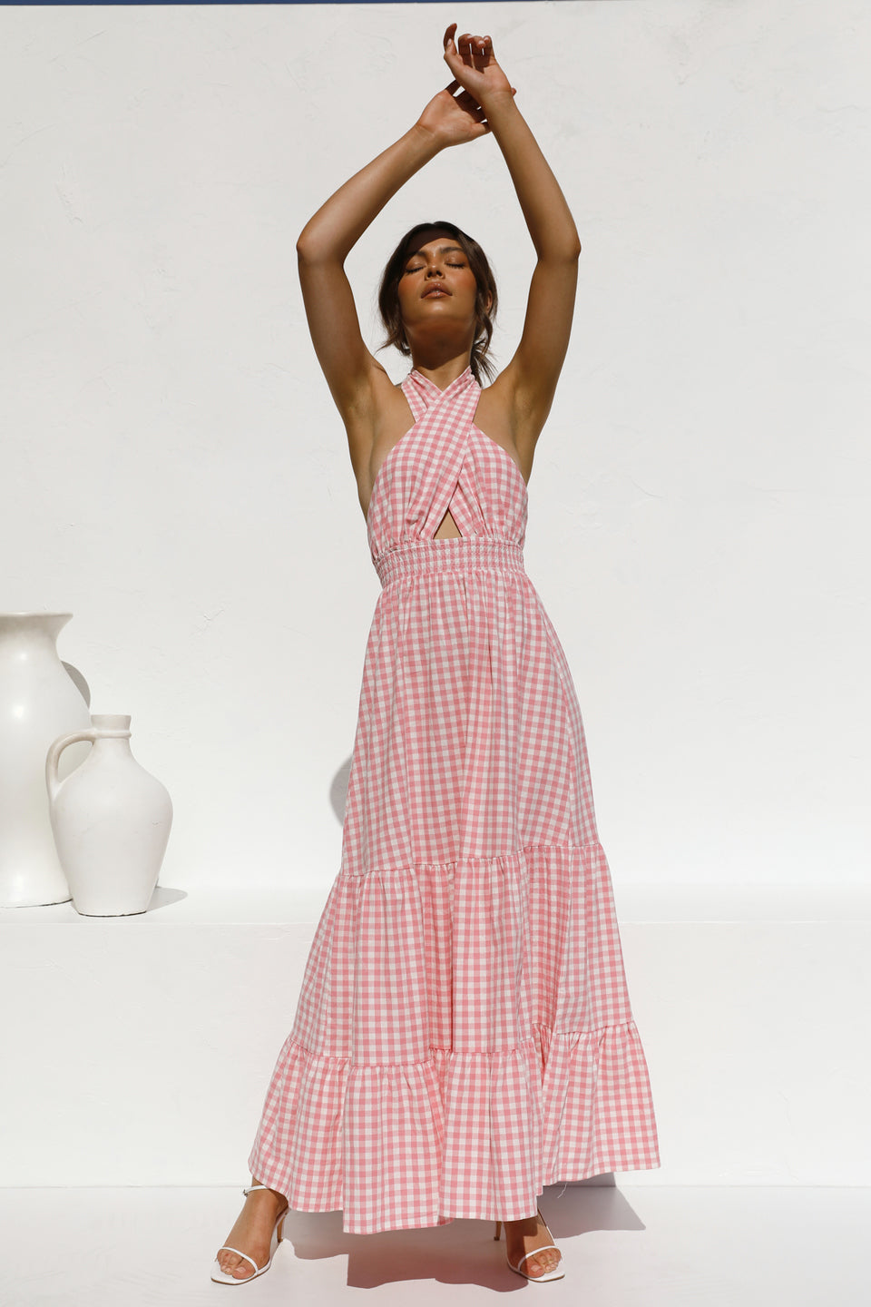 Pink Halter Backless Vacation Party Maxi Dresses