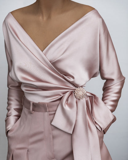 Satin Off Shoulder V-neck Bowknot Workwear Tops Shirts With Brooch