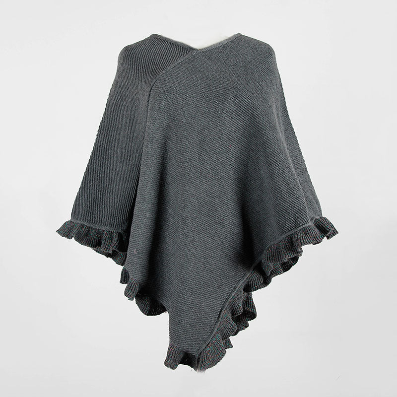Ruffled Hem Crimped Collar Sweater Cloak Shawl Cape Cardigans