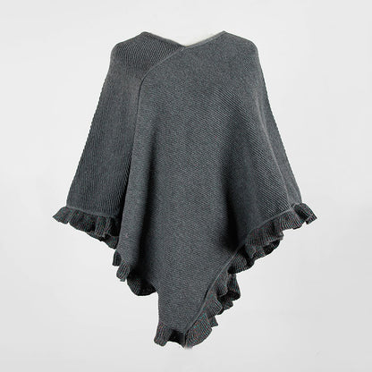 Ruffled Hem Crimped Collar Sweater Cloak Shawl Cape Cardigans