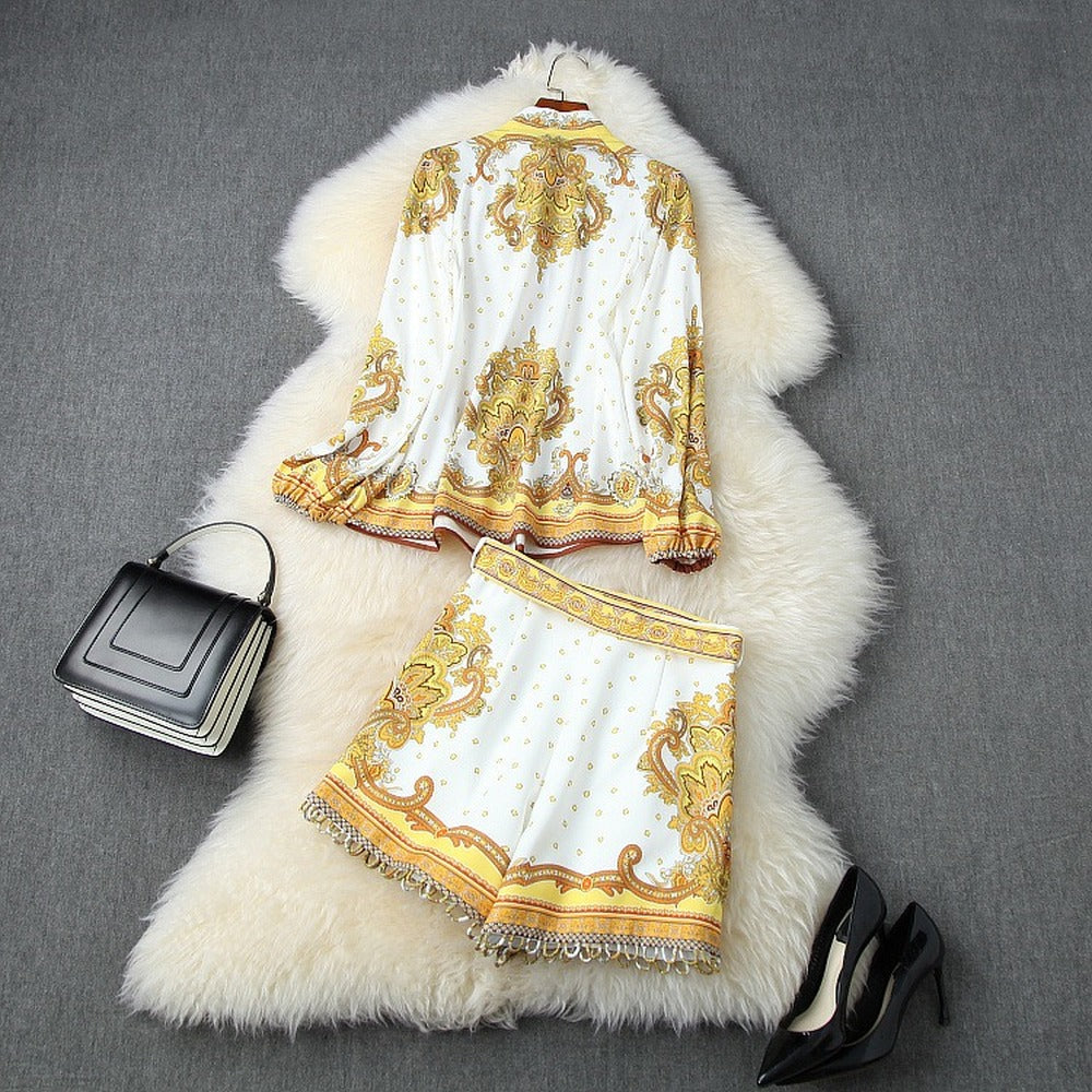 Palace Style Printing Single-breasted Shirt Lace-up Shorts Two-piece Set