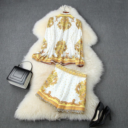 Palace Style Printing Single-breasted Shirt Lace-up Shorts Two-piece Set