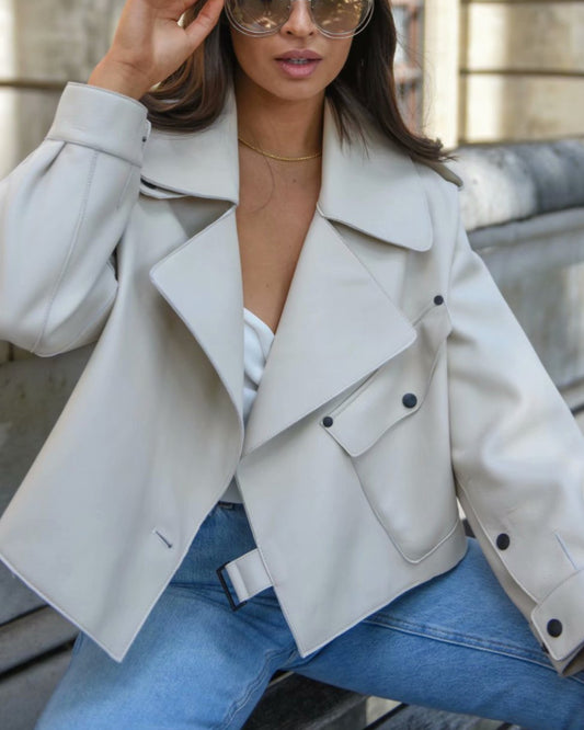 Pile Collar Pocket Crop Leather Tops Jacket Outerwear
