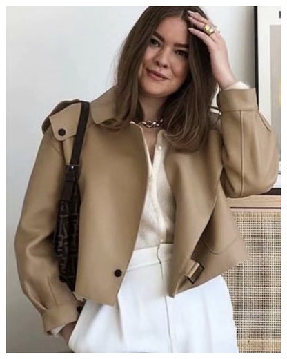Pile Collar Pocket Crop Leather Tops Jacket Outerwear