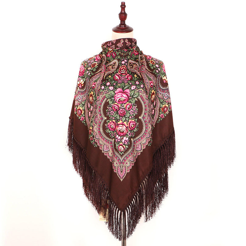 Ethnic Retro Flower Square Scarf Shawl Fringed Scarves for Women Ladies Girls