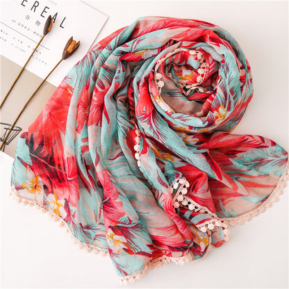 Tassel Printed Leaf Flowers Flamingo Scarf Ethnic Shawl for Women Ladies Girls
