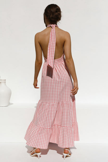 Pink Halter Backless Vacation Party Maxi Dresses