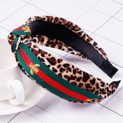 Leopard Knot Headbands with Stripe, Cross Knot Bee Embroidery Ribbon Hair Hoops with Cloth Wrapped