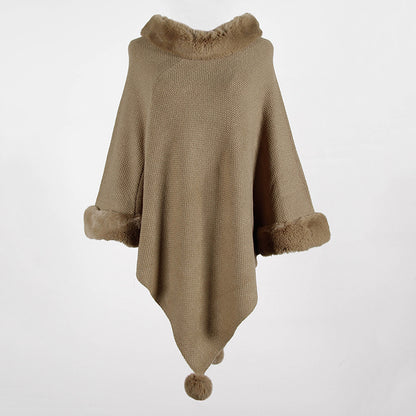 Pullover Pompom Fur Collar Sleeves Sweater Cloak Shawl Cape