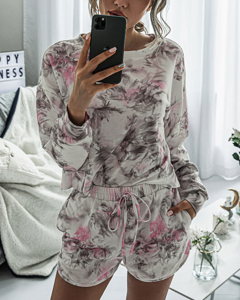 Floral Two-piece Set Cotton T-Shirt Lace-up Shorts Loungewear