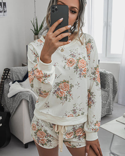 Floral Two-piece Cotton T-Shirt Lace-up Shorts Loungewear
