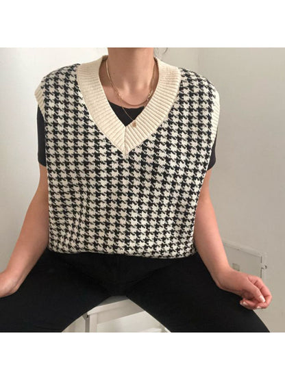 Houndstooth V-neck Knitted Vest Sweaters