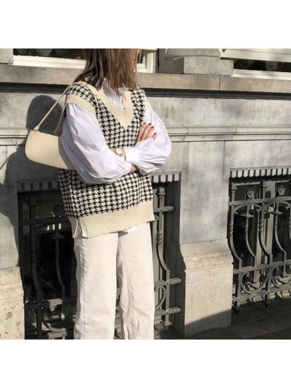 Houndstooth V-neck Knitted Vest Sweaters