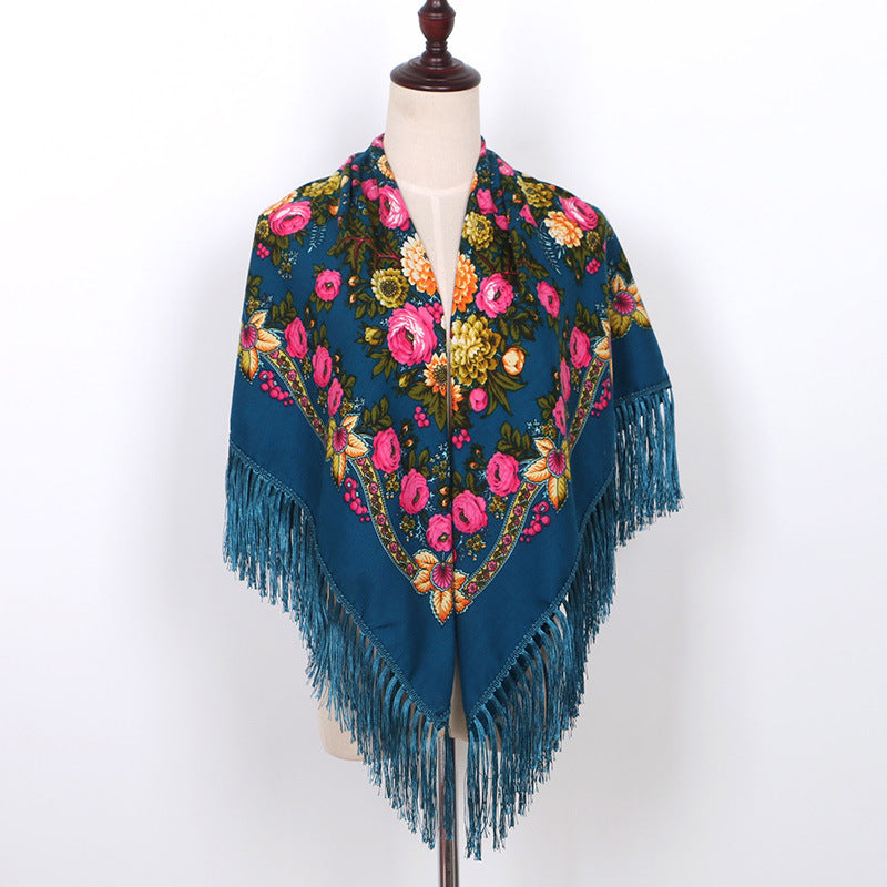 Ethnic Flower Print Square Scarf Shawl Wrap Fringed Scarves for Women Ladies Girls