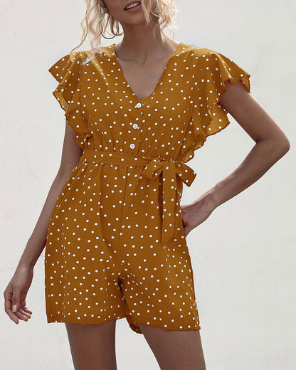 Polka Dot Lace-up Jumpsuit Lotus Sleeve Single-breasted Drawstring Rompers