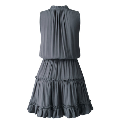 V-neck Lace-up Pleated Elastic Waist Mini Dress