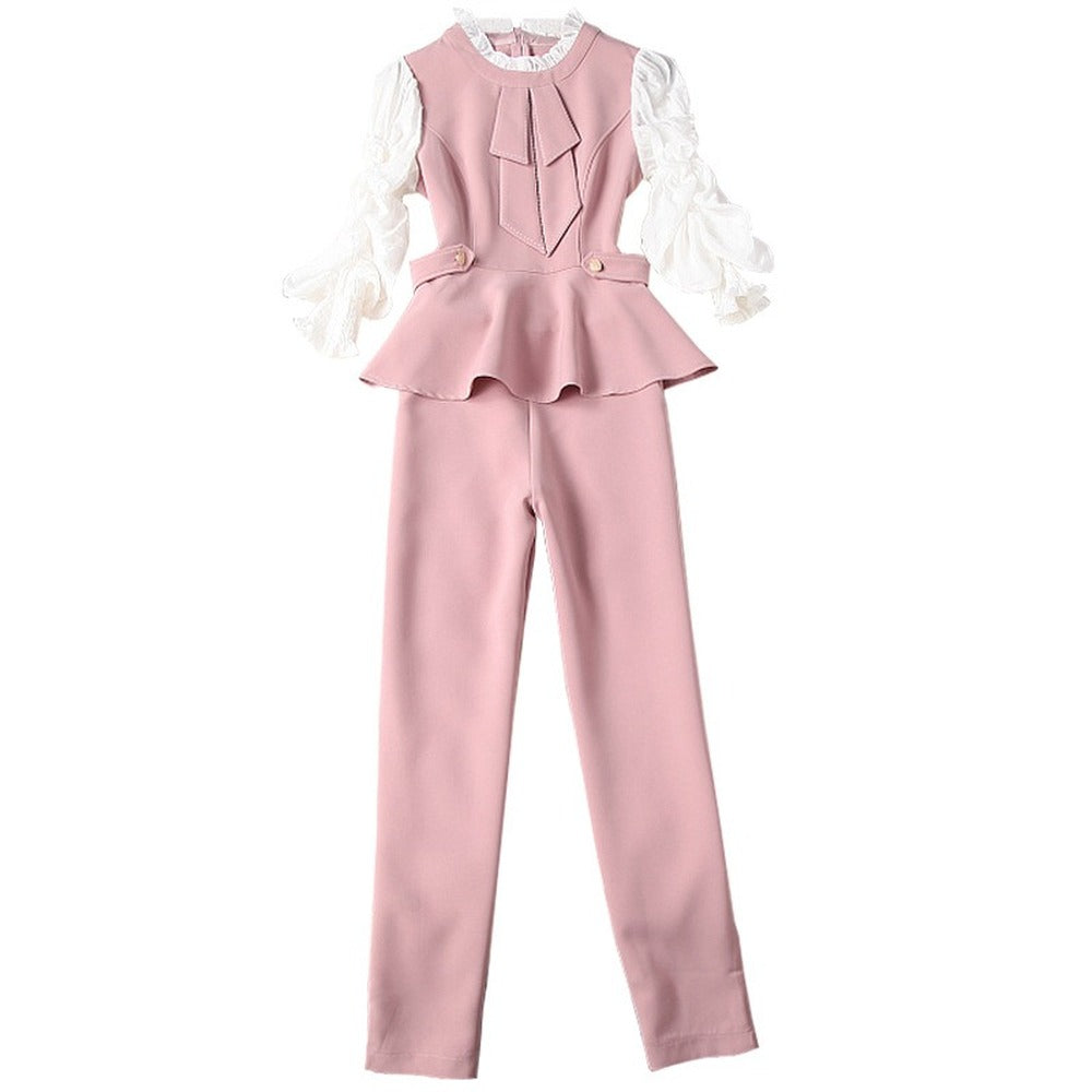 Ruffled Hem Blazers Splicing Chiffon Sleeve and Pants Two-piece Set